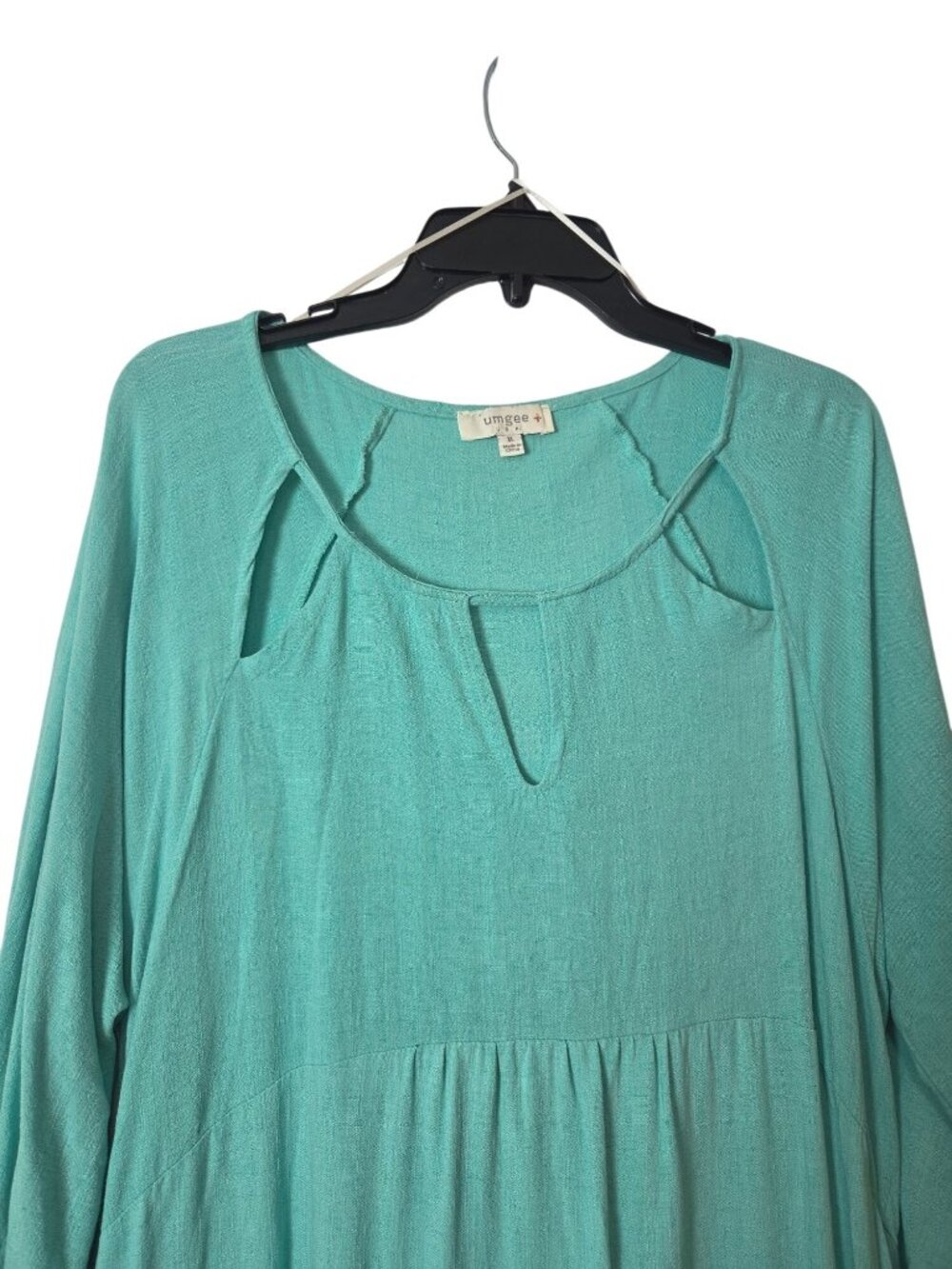Umgee+ Turquoise Linen-Cotton Midi Dress 3/4 Sleeves Keyhole Neckline Ruffled He - Picture 10 of 12